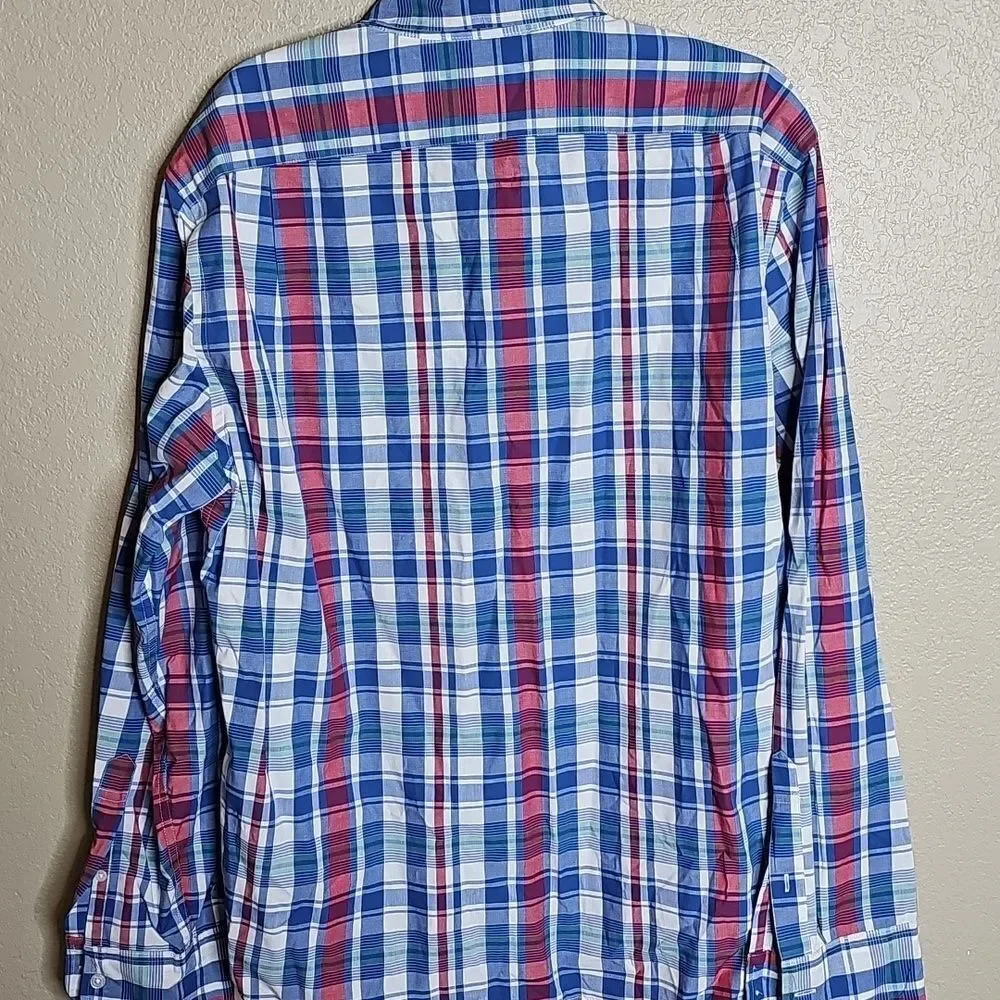 J. Crew Slim Untucked Blue and Red Plaid Long Sleeve Casual Button Down Shirt‎ L